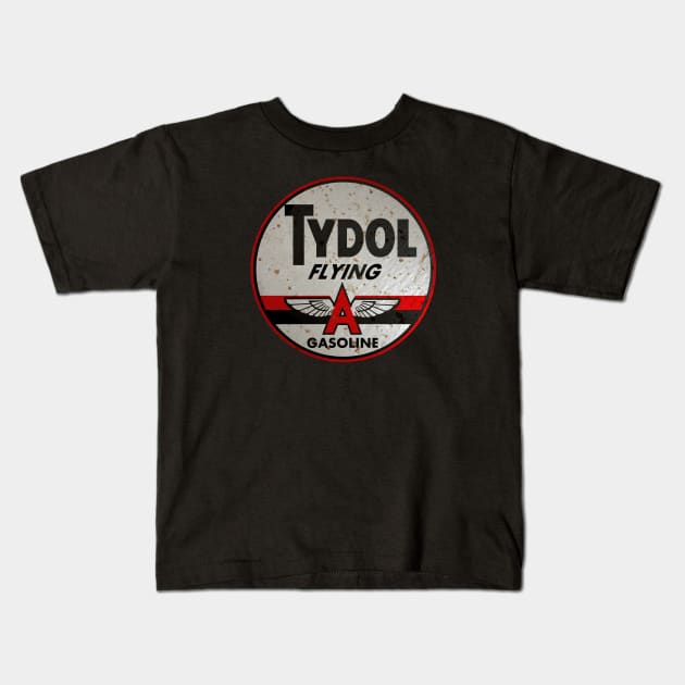 Tydol Flying Gasoline vintage sign rusted version Kids T-Shirt by Hit the Road Designs